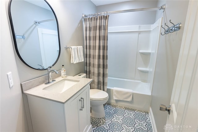 full bathroom with tile patterned flooring, toilet, vanity, and shower / bath combination with curtain