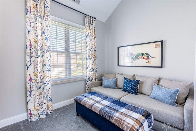 bedroom with lofted ceiling, baseboards, carpet flooring, and multiple windows