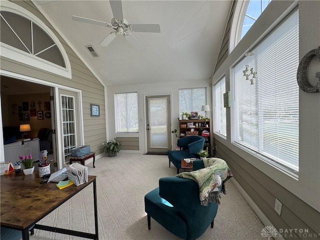 9632 Belfry Ct, Dayton, OH 45458 - sunroom with a ceiling fan, visible vents, carpet floors, and high vaulted ceiling