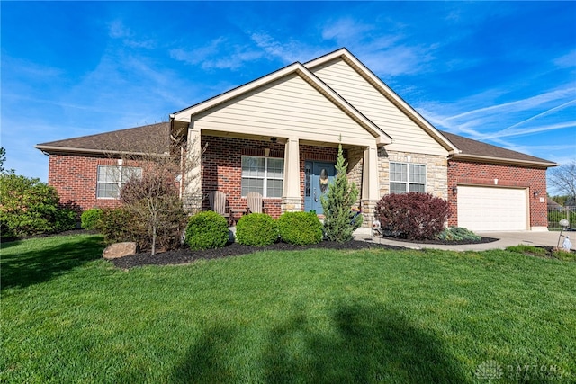 ranch-style home with brick siding, driveway, a front yard, and a garage