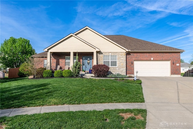 ranch-style home featuring an attached garage, brick siding, driveway, and a front yard