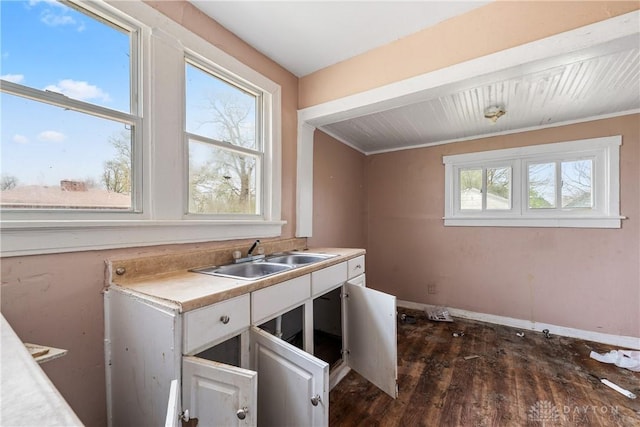 clothes washing area with dark wood finished floors, baseboards, and a sink