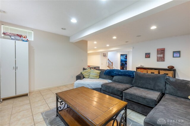 3513 Black Squirrel Way, Springboro, OH 45005 - living area featuring recessed lighting, stairs, light tile patterned flooring, and baseboards