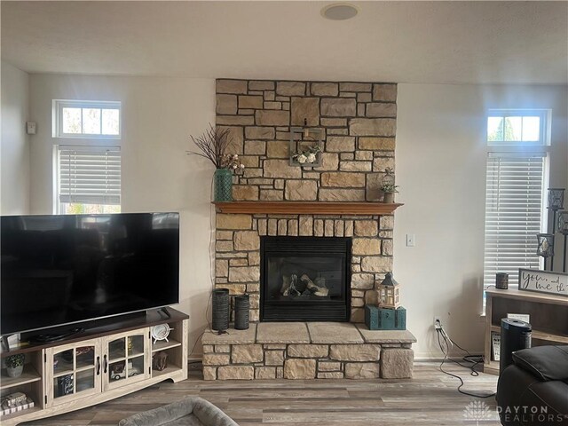 3513 Black Squirrel Way, Springboro, OH 45005 - living room featuring a stone fireplace, wood finished floors, healthy amount of natural light, and baseboards