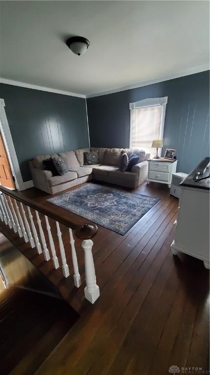 living area featuring ornamental molding and dark wood finished floors