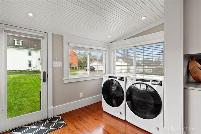 203 W Plum St, Saint Paris, OH 43072 - laundry area with separate washer and dryer, wood finished floors, baseboards, recessed lighting, and wooden ceiling