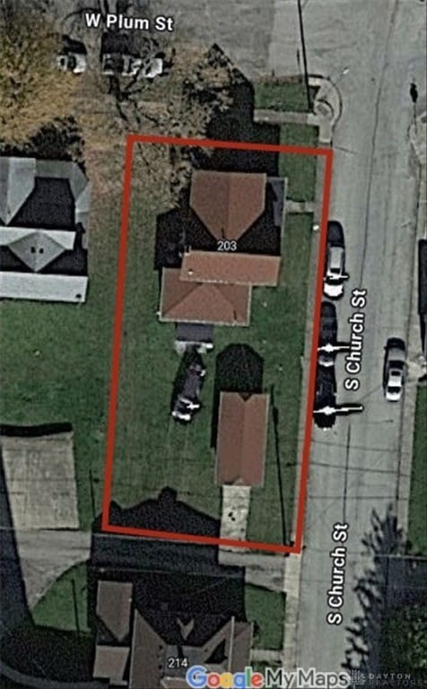203 W Plum St, Saint Paris, OH 43072 - aerial view of property's location featuring property boundaries highlighted