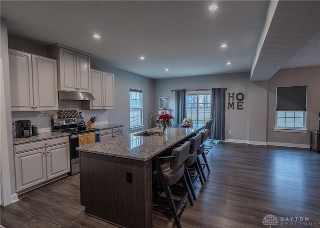 1180 Autumn Ridge Dr, Lebanon, OH 45036 - kitchen featuring dark wood finished floors, under cabinet range hood, a sink, stainless steel electric stove, and a breakfast bar area