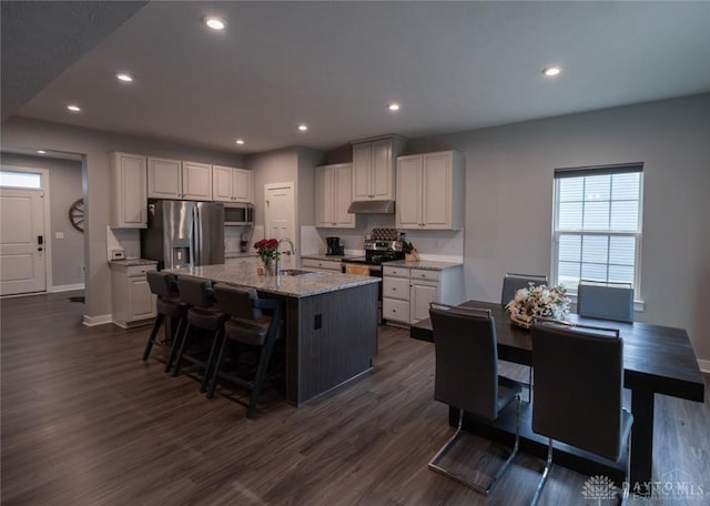 1180 Autumn Ridge Dr, Lebanon, OH 45036 - kitchen with dark wood finished floors, under cabinet range hood, stainless steel appliances, a sink, and a kitchen island with sink