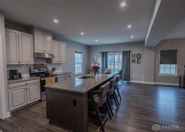 1180 Autumn Ridge Dr, Lebanon, OH 45036 - kitchen with dark wood-style floors, a sink, stainless steel electric range, a kitchen bar, and under cabinet range hood