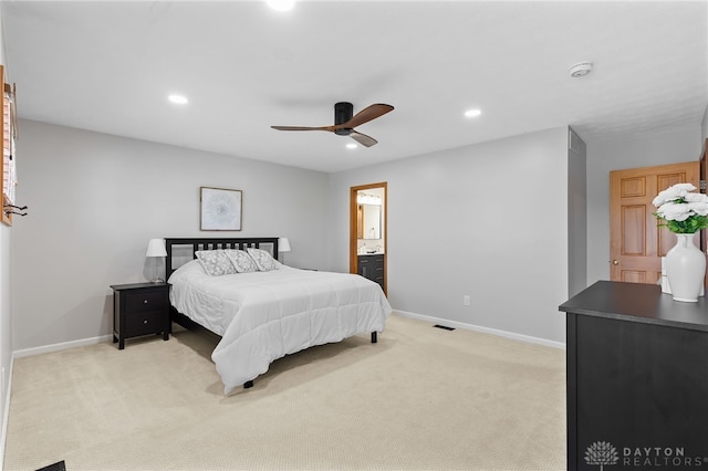 bedroom featuring ceiling fan, light colored carpet, baseboards, visible vents, and recessed lighting
