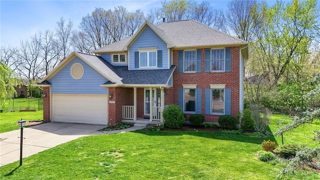 traditional home with an attached garage, a front yard, concrete driveway, and roof with shingles