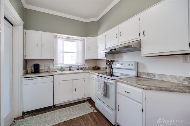 kitchen with white cabinets, under cabinet range hood, a sink, and white appliances