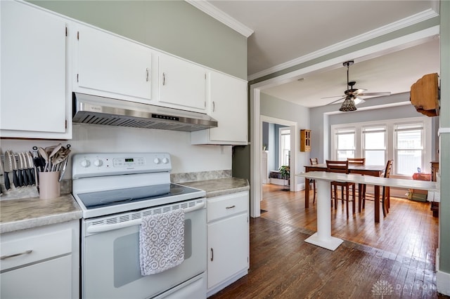 kitchen with white electric stove, a ceiling fan, light countertops, under cabinet range hood, and ornamental molding