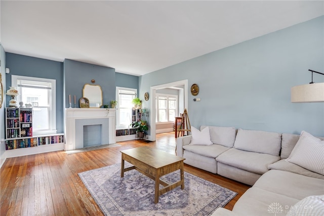 living area featuring a fireplace with flush hearth and wood-type flooring