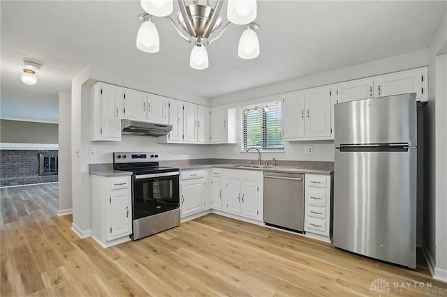 kitchen featuring a sink, a chandelier, appliances with stainless steel finishes, white cabinetry, and under cabinet range hood