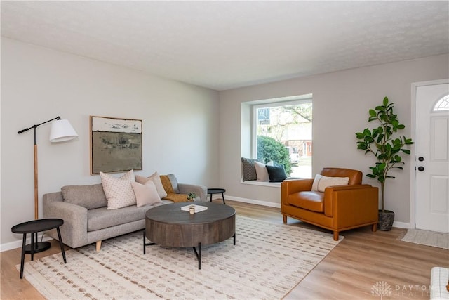 living area featuring baseboards and light wood-style floors