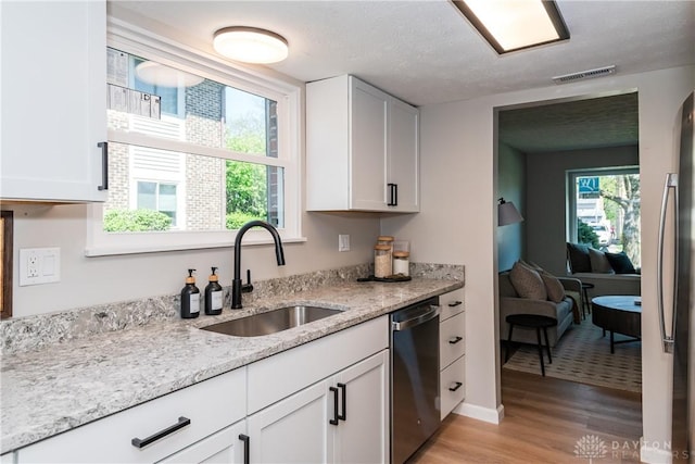 kitchen with white cabinets, light wood-style flooring, a sink, and appliances with stainless steel finishes
