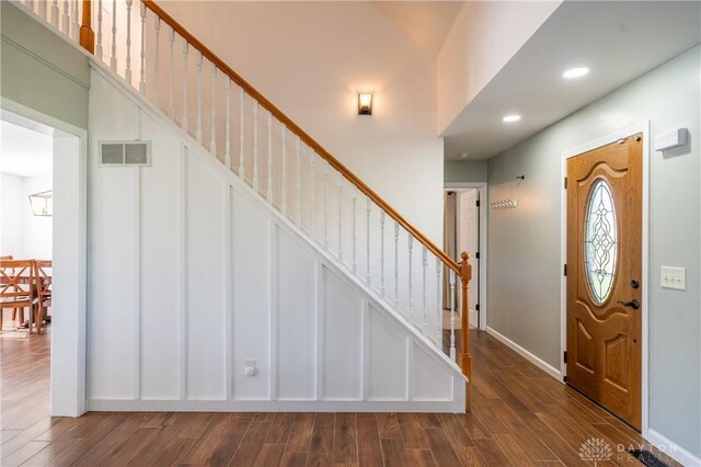 4100 Joshane St, Springfield, OH 45502 - foyer featuring recessed lighting, stairway, visible vents, and dark wood-style flooring