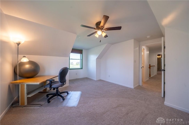 4100 Joshane St, Springfield, OH 45502 - carpeted home office with lofted ceiling, baseboards, and ceiling fan
