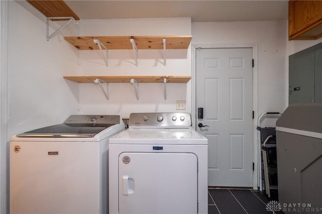 4100 Joshane St, Springfield, OH 45502 - laundry room with cabinet space, dark tile patterned floors, electric panel, and washer and dryer