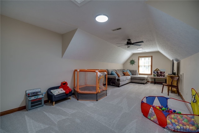 9171 Big Oak Dr, Washington Twp, OH 45458 - playroom with lofted ceiling, carpet floors, baseboards, and a ceiling fan