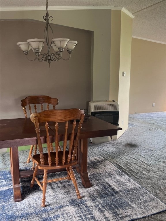 14384 NW US Highway 35, Jeffersonville, OH 43128 - carpeted dining space featuring a chandelier, heating unit, crown molding, and a textured ceiling