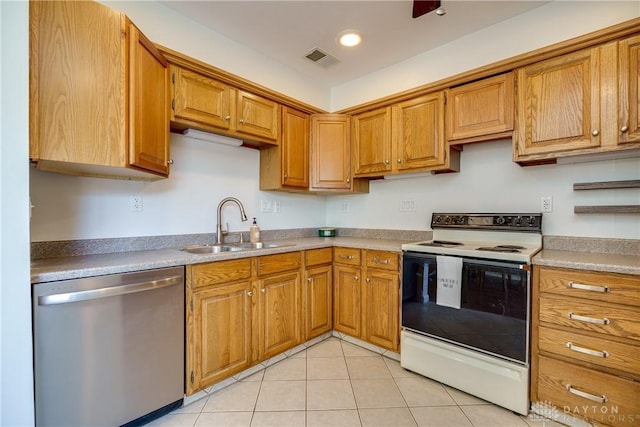 kitchen featuring white range with electric cooktop, a sink, light tile patterned floors, dishwasher, and visible vents