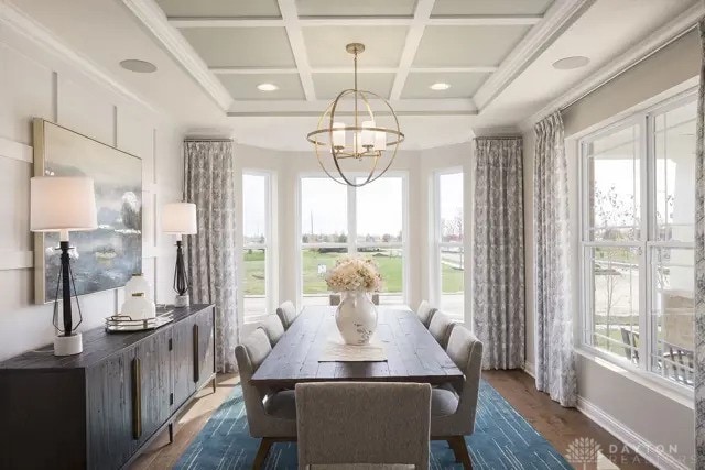 dining room featuring coffered ceiling, plenty of natural light, dark wood-type flooring, and a chandelier