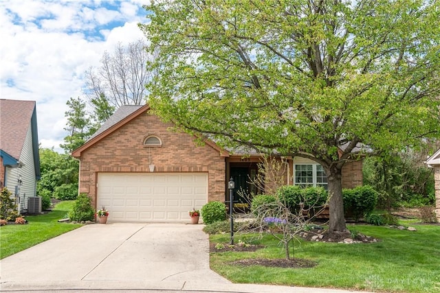 view of front of property featuring a front lawn, central AC unit, brick siding, concrete driveway, and an attached garage