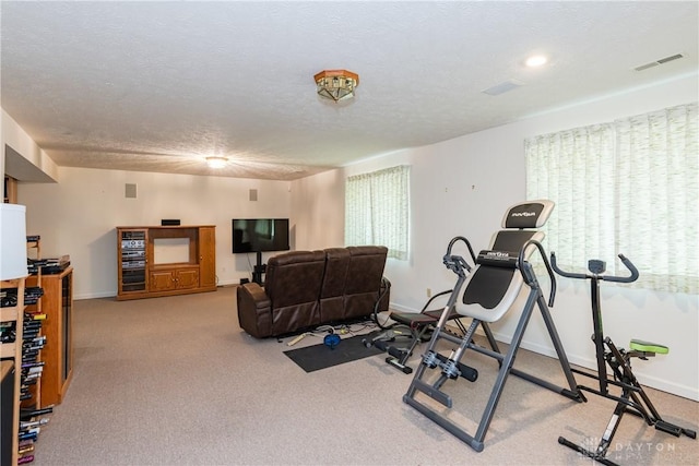 workout area with a textured ceiling, visible vents, carpet floors, and baseboards
