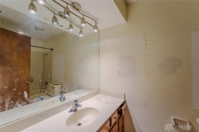 full bathroom with shower / tub combination, visible vents, and vanity