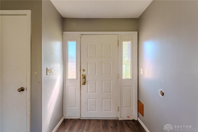 foyer featuring baseboards, a wealth of natural light, and dark wood finished floors