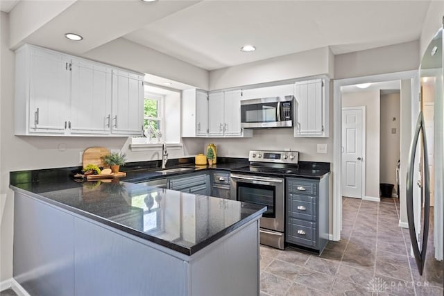 kitchen featuring white cabinetry, a peninsula, appliances with stainless steel finishes, and a sink