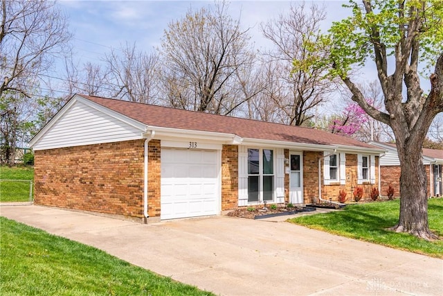 ranch-style house featuring brick siding, a front lawn, driveway, and an attached garage