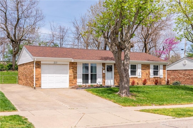 single story home with brick siding, a front lawn, concrete driveway, and an attached garage