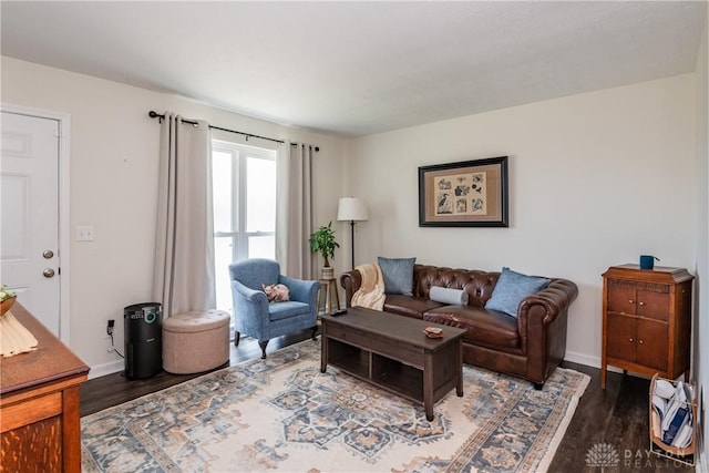 living area with baseboards and wood finished floors