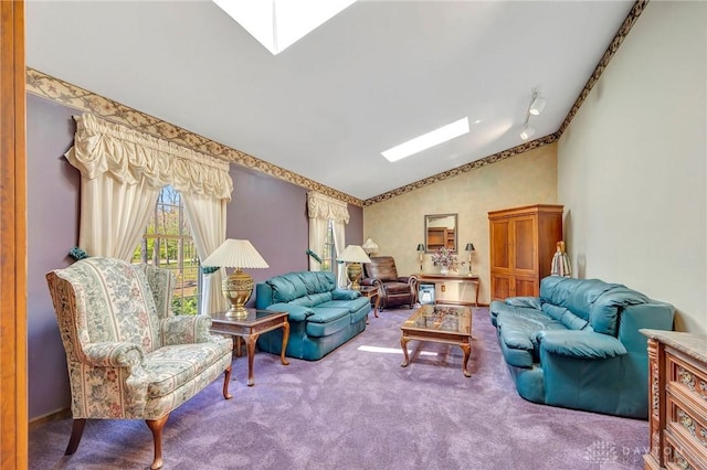carpeted living area featuring lofted ceiling with skylight