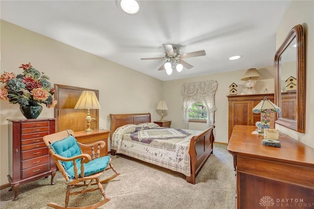 carpeted bedroom with ceiling fan, recessed lighting, and baseboards