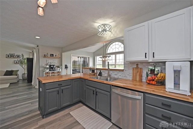 171 Pleasant Hill Blvd, Franklin, OH 45005 - kitchen with a sink, dishwasher, wood counters, gray cabinets, and wood finished floors