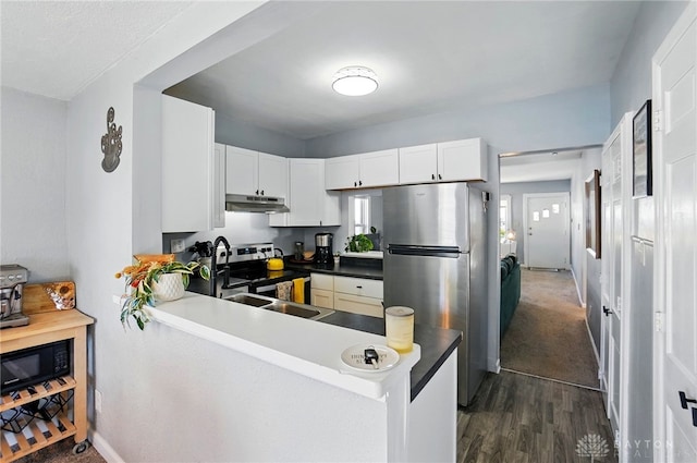1708 Patterson Rd, Dayton, OH 45420 - kitchen with appliances with stainless steel finishes, under cabinet range hood, dark wood-style floors, a sink, and white cabinets