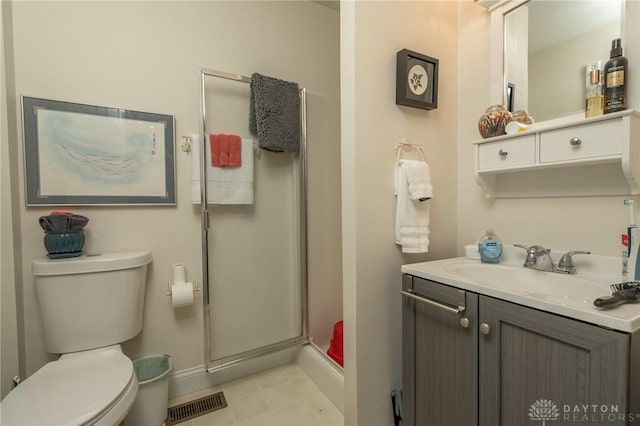 full bath with toilet, vanity, baseboards, visible vents, and a stall shower