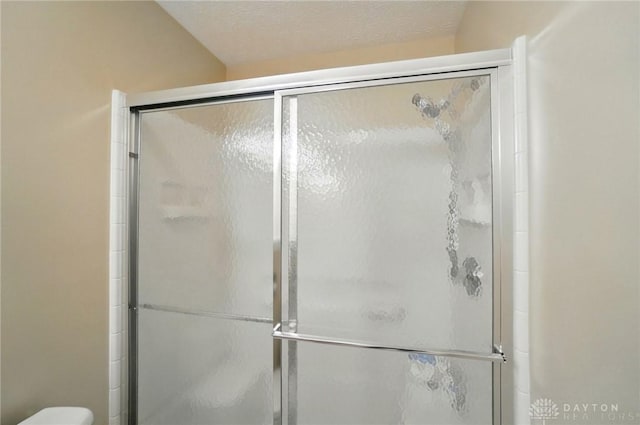 bathroom with a shower stall and toilet