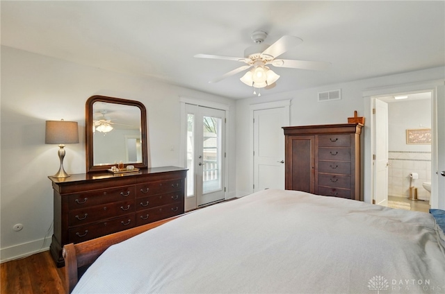 5017 Ackerman Blvd, Kettering, OH 45429 - bedroom featuring access to outside, wood finished floors, a ceiling fan, and connected bathroom
