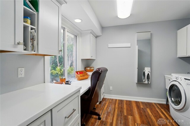 5017 Ackerman Blvd, Kettering, OH 45429 - washroom featuring washer / dryer, cabinet space, dark wood-type flooring, and an office area