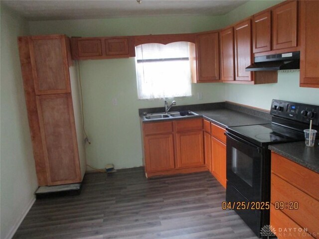 kitchen featuring a sink, dark countertops, dark wood-style floors, black range with electric cooktop, and under cabinet range hood
