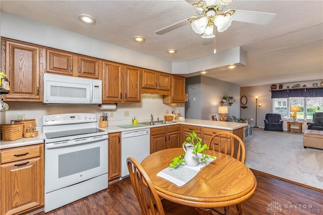 1823 Park Ave, Piqua, OH 45356 - kitchen with white appliances, light countertops, a peninsula, and a sink