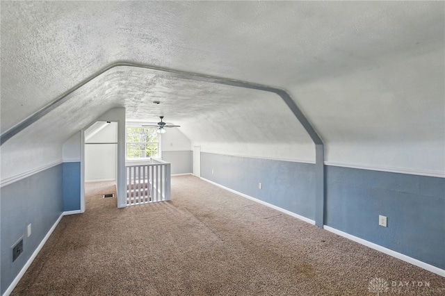 additional living space featuring lofted ceiling, a textured ceiling, carpet, and baseboards