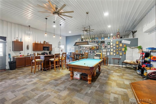 game room with ceiling fan, light carpet, and pool table