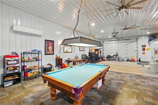 playroom with a wall mounted air conditioner, a ceiling fan, and billiards